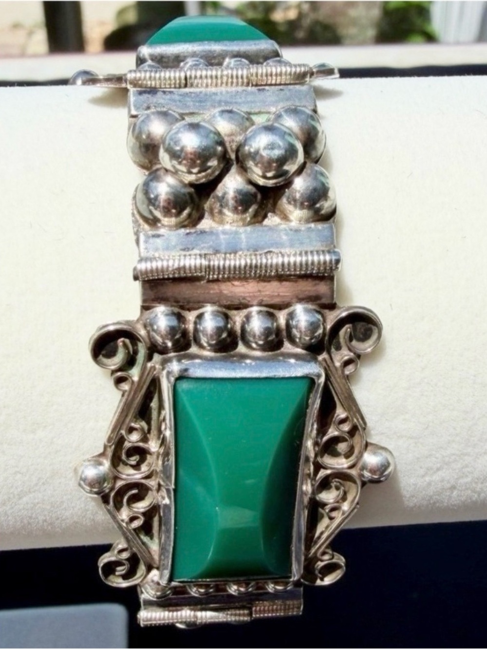 Vintage Mid-Century Mexican Sterling Silver Green Onyx Panel Link Bracelet 7 in